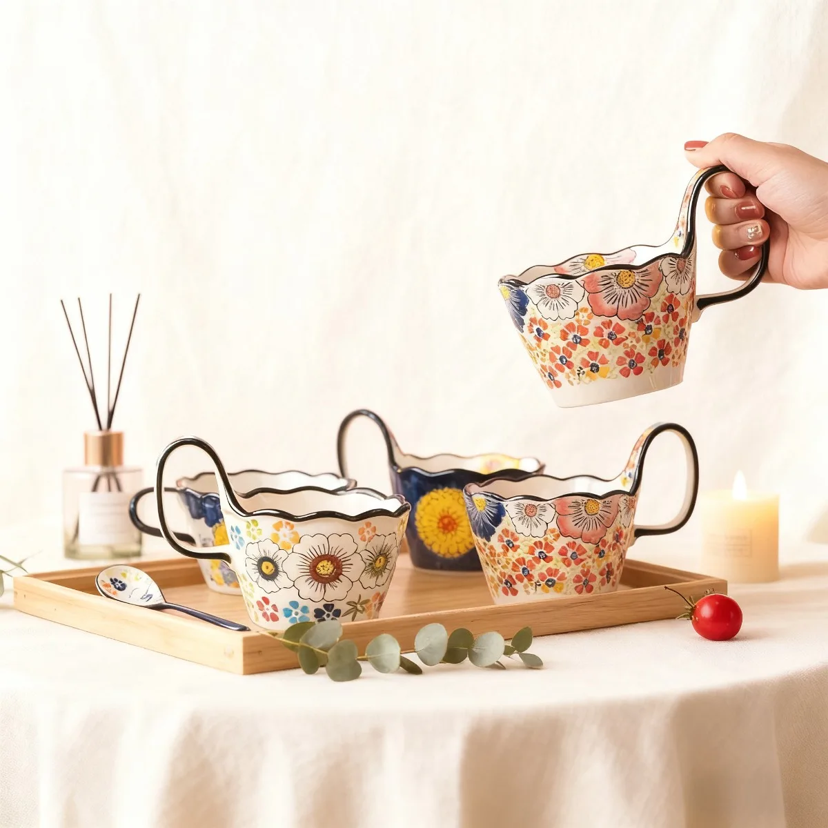 Hand-Painted Ceramic Floral Mug, Microwave Safe & Insulated for Hot and Cold Beverages
