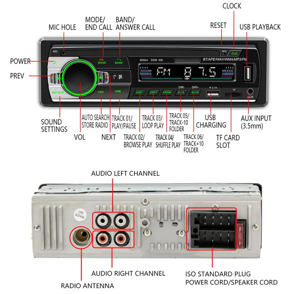 Car SD Card Player Convenient HiFi Sound 7 Color Lights Bluetooth-compatible MP3 Car Stereo Receiver