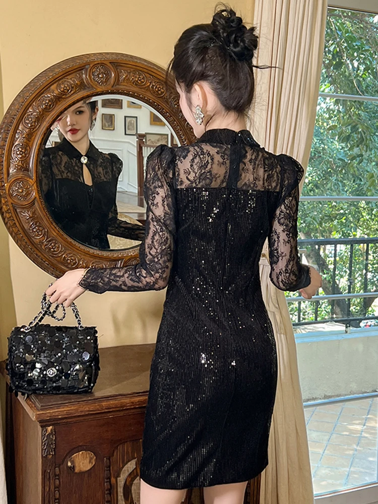 Mini Vestido Vestido Negro Encaje Transparente Vestido Negro De