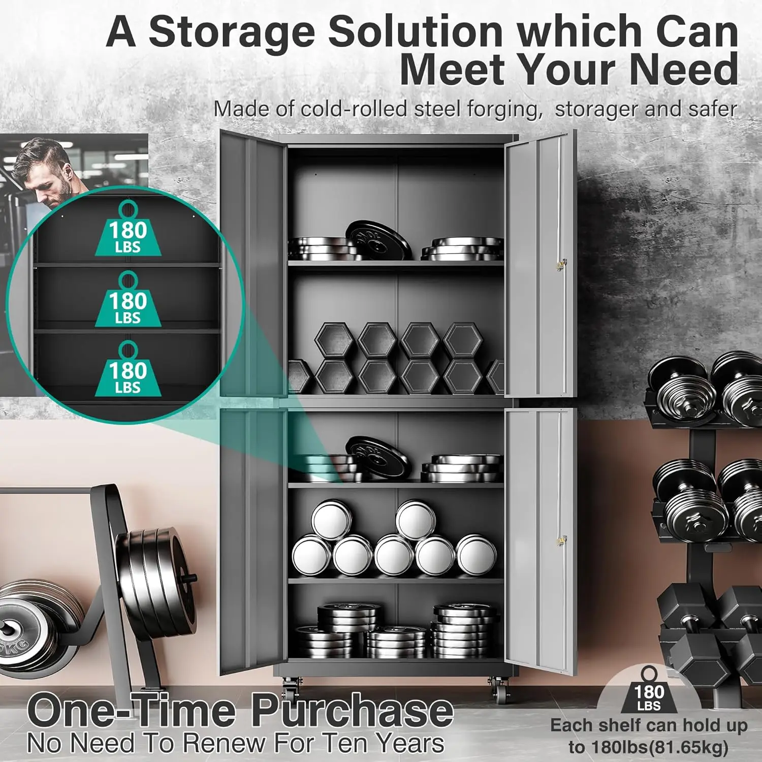 SISESOL Metal Storage Cabinet with Wheels Rolling Garage Tool Cabinet with Lock Gray Metal Shelves Home Office Shop 4