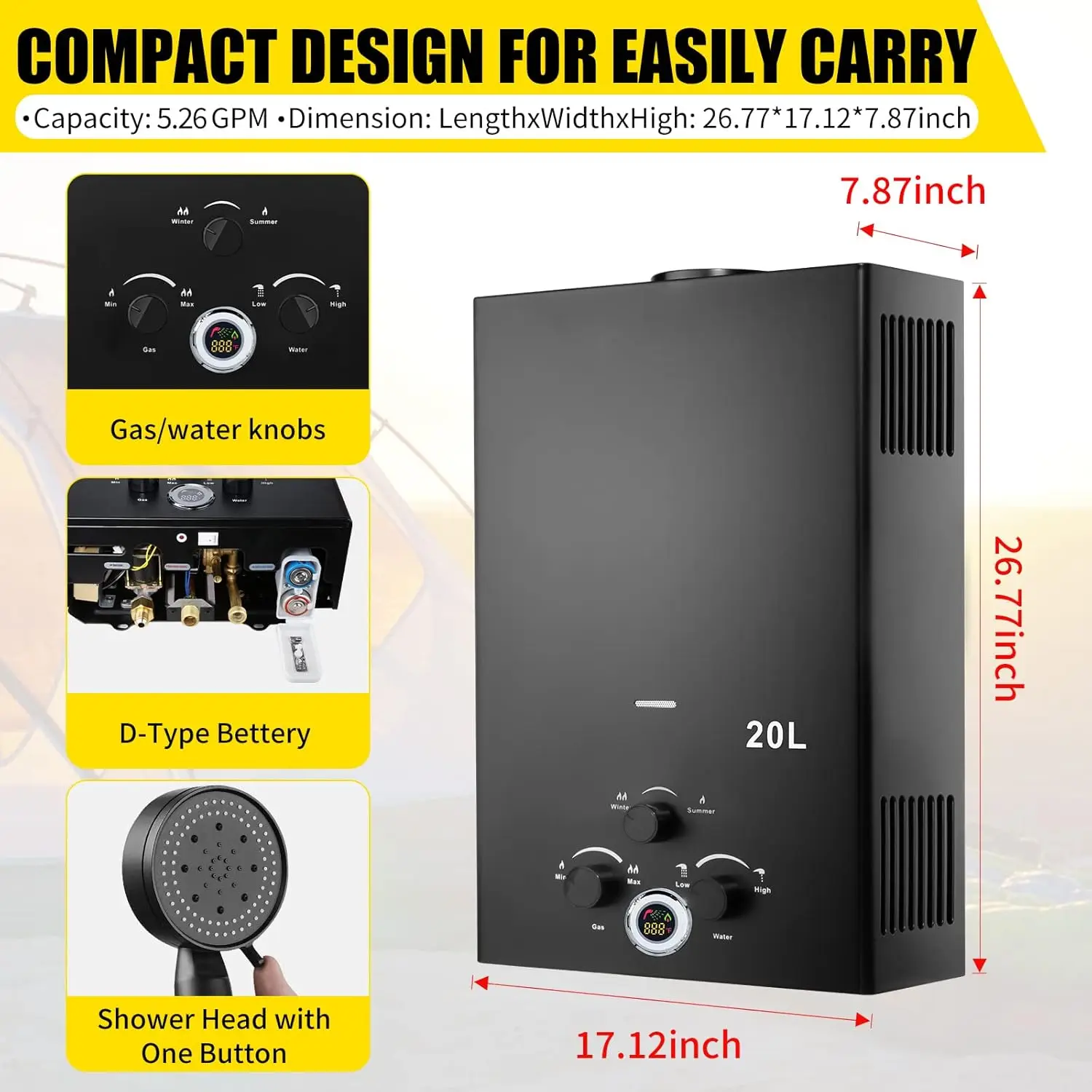 Tankless Water Heater 5.26GPM 20L Outdoor Portable GasHot Water Heater Instant Propane with Digital Display