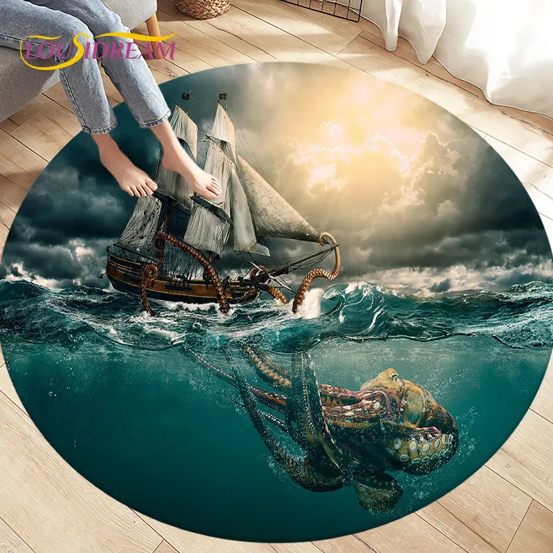 Sea-monster-Boat-Ship-Barque-Area-Rug-Round-Carpet-Rug-for-Living-Room ...