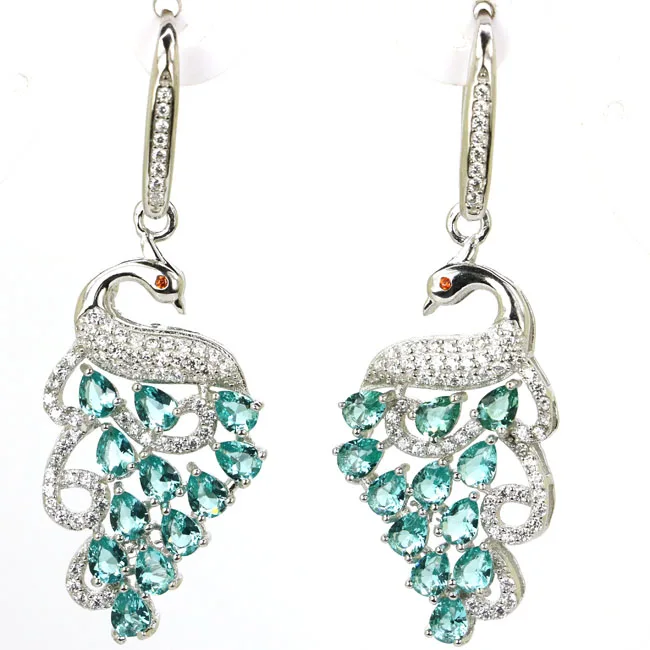 

49x18mm Peacock Shape 7.3g Spessartine Garnet Aquamarine Morganite CZ Gift For Girls Real 925 Solid Sterling Silver Earrings