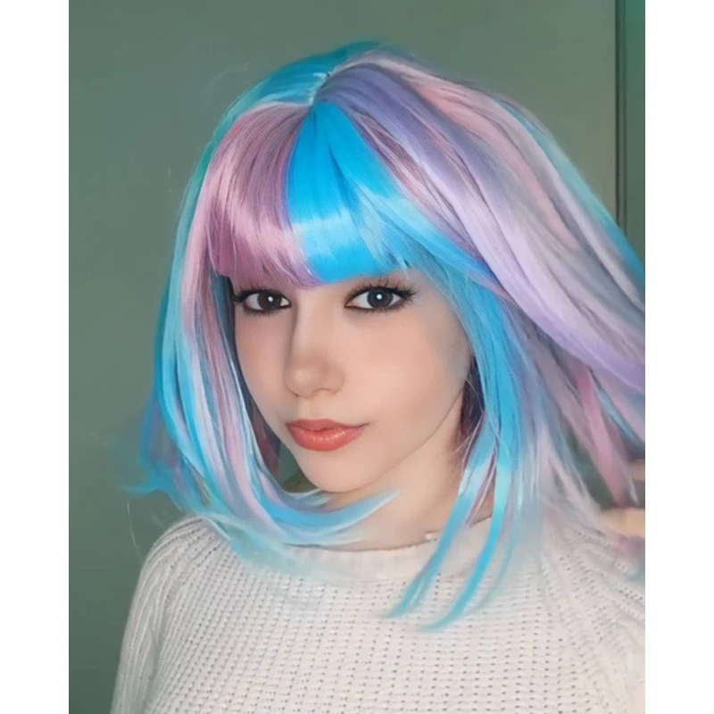 

HAIRJOY Synthetic Hair Short Straight Mixed Rainbow Color Wigs Purple Blue with Blonde Red Highlights Bob Wig for Women