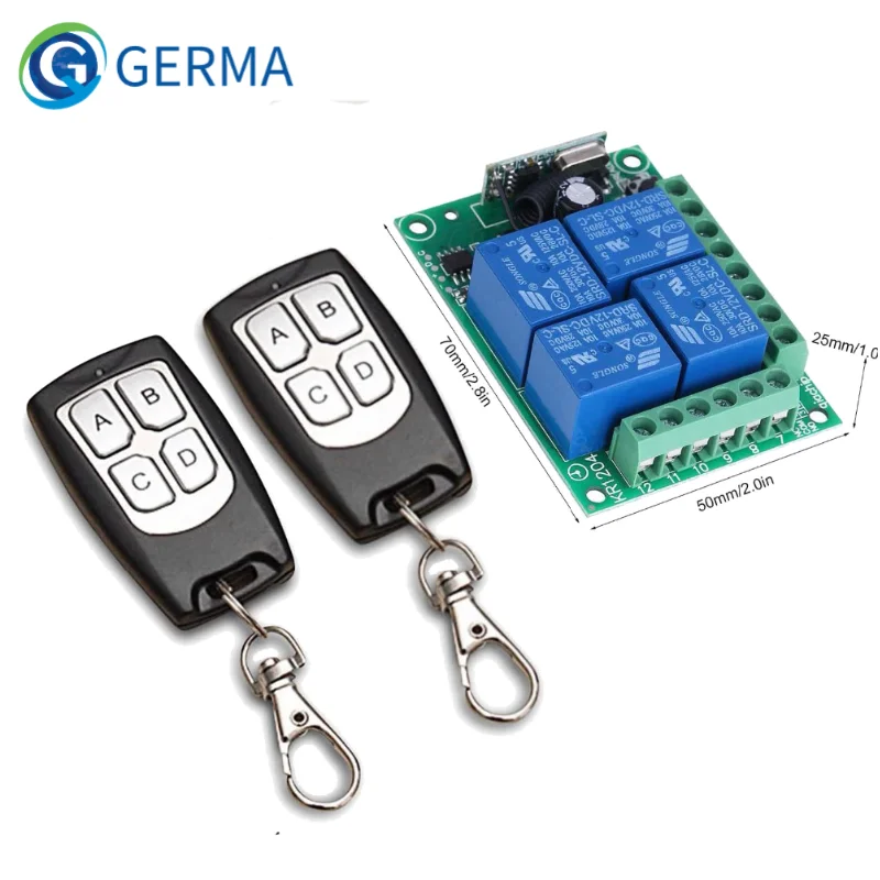 GERMA-Interruptor de Control remoto inalámbrico Universal, módulo receptor de relé de 4 canales, transmisor remoto RF de 433 Mhz, CC de 12V, 4 canales