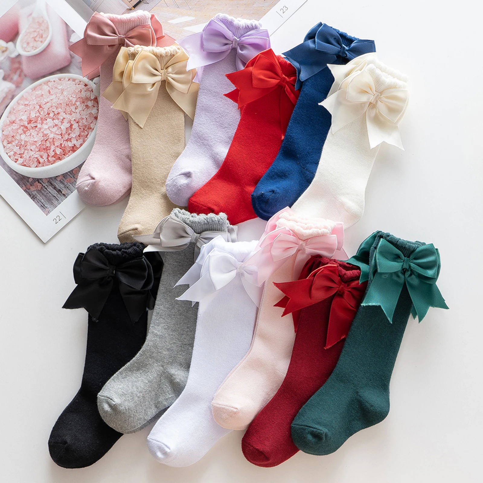 Infant Baby Girls Socks cotton knee high bowknot solid color breathable sock 0-2Y