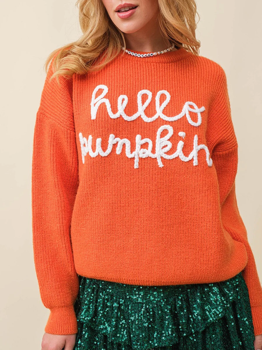 Women s Halloween Sweater with Pumpkin Print Round Neck Long Sleeve Pullover Knit Tops Casual Streetwear for Autumn Winter