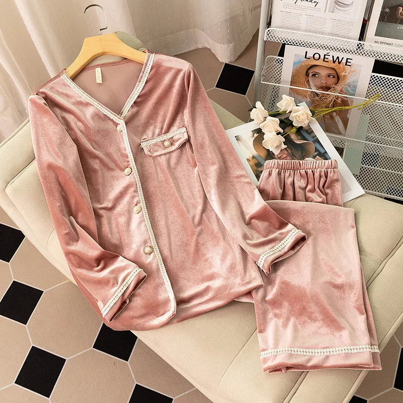 

Velour Lace Pajamas Set Women Velvet Sleepwear Lingerie Autumn Winter Long Sleeve Shirt Trouser Pijamas Suit Homewear