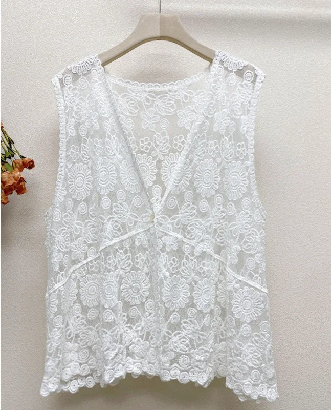 

Sweet Mori Girl Mesh Embroidery Lace Loose Waist Sleeveless Vest Vintage Elegant Chic Victorian Edwardian White Cover-ups Tops
