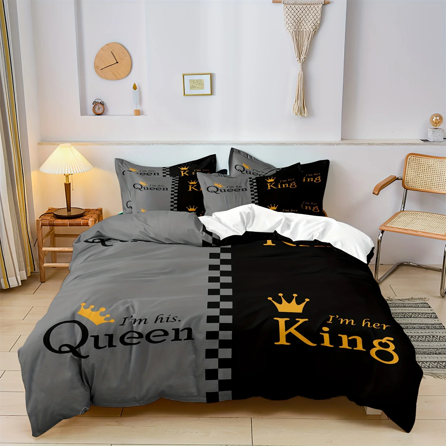 [Popular Choice] 2/3pcs Duvet Cover Set, Fashion Black And Gray Crown Design Print Bedding Set, Soft Comfortable