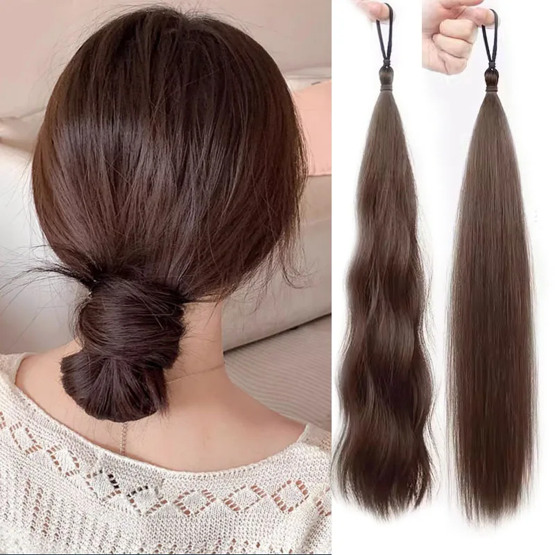 Synthetic DIY hair bun ponytail with leather band self winding ball head curly hair bun straight black brown synthetic ponytail synthetic hair accessories