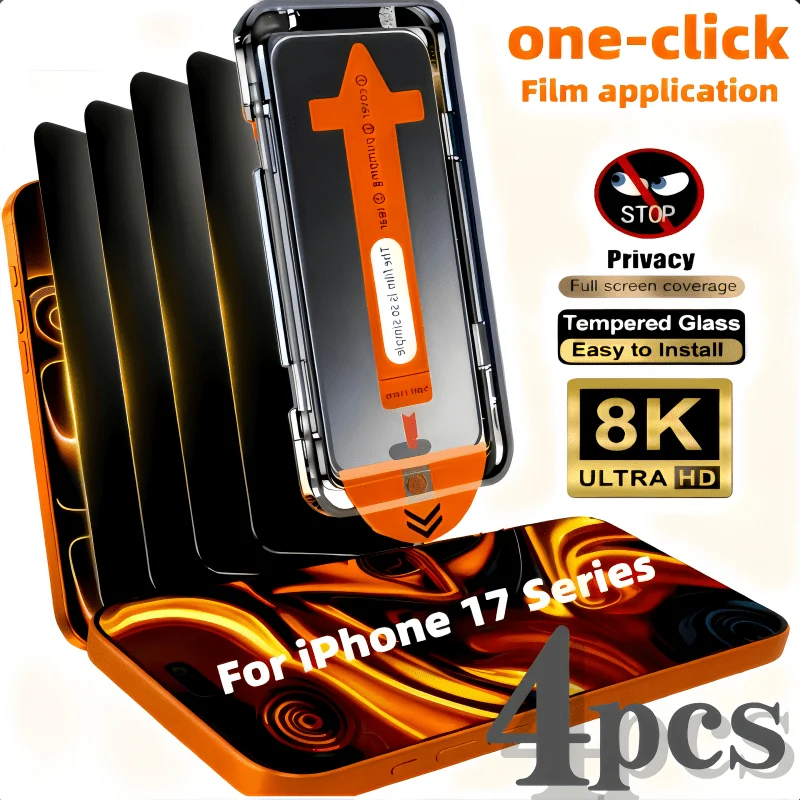4 Pcs Cobertura Completa Privacidade Protetor de Tela de Vidro Temperado Compatível com IPhone 17 Pro Max/ 16 Pro Max/ 15 Pro Max/17/ 16