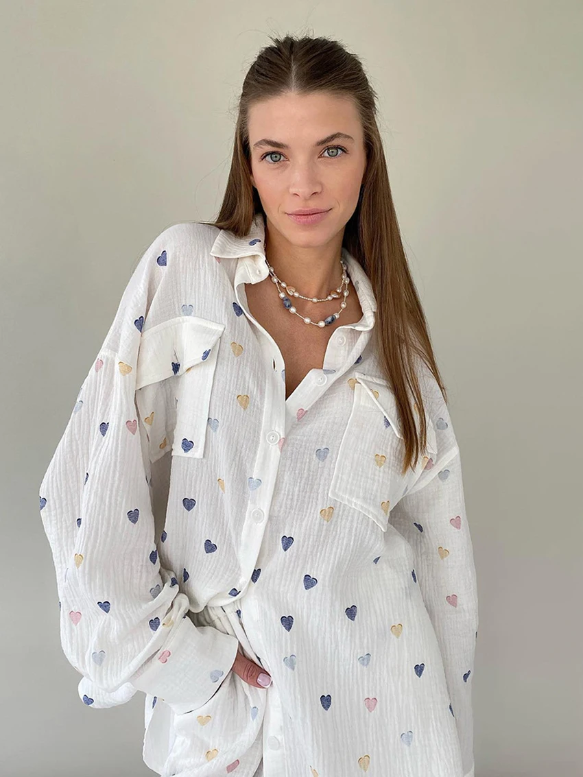 Marthaqiqi Fashion Women Nightwear Suit Long Sleeve Nightgown Turn-Down Collar Sleepwear Shorts Causal Printing Femme Pajama Set
