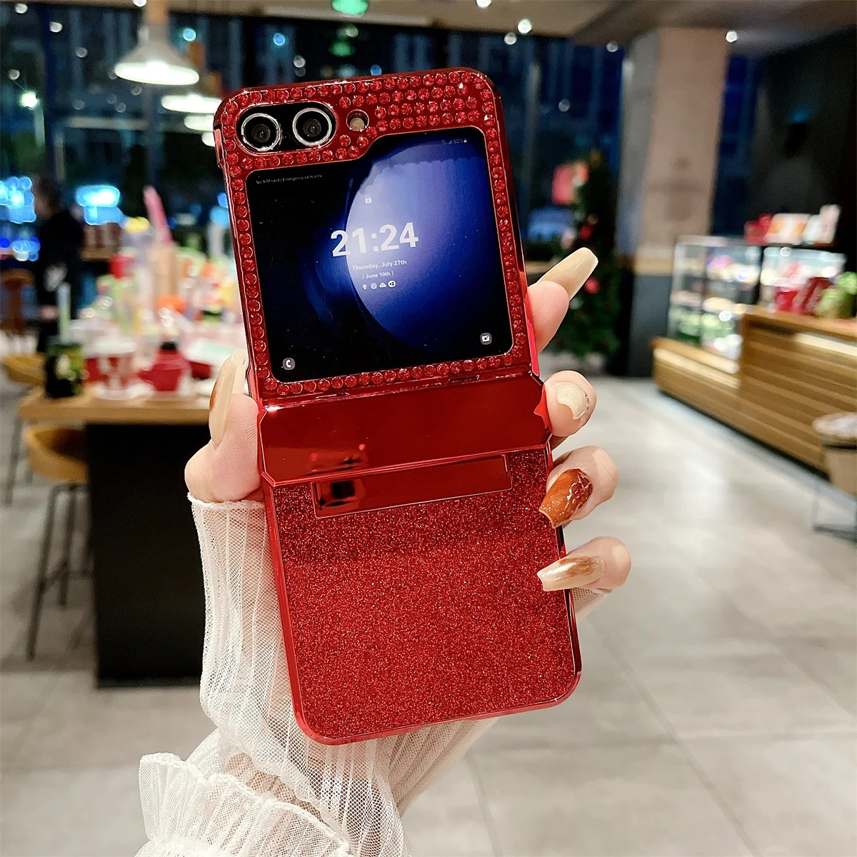 Coque de téléphone Samsung Galaxy Z Flip 5 4 3 5G, garniture en cuir Pu scintillante avec strass, charnière plaquée, couverture arrière en plastique_voghion.com