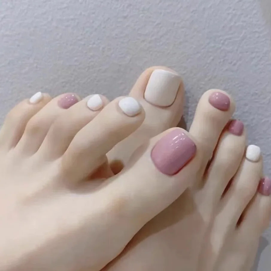 Unghie Dei Piedi Artificiali Bianche Rosa Unghie Finte Estive In Tinta Unita Con Colla Unghie Finte Finite A Forma Piatta Corta Indossabile