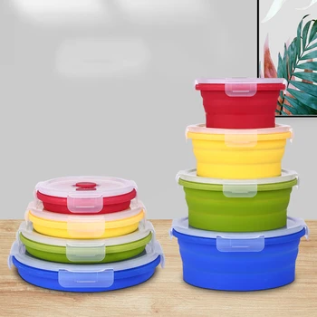 Portable Foldable Circular Silicone Lunch Box High-Temperature Resistant Outdoor Fresh-Keeping Travel Bowl Tab