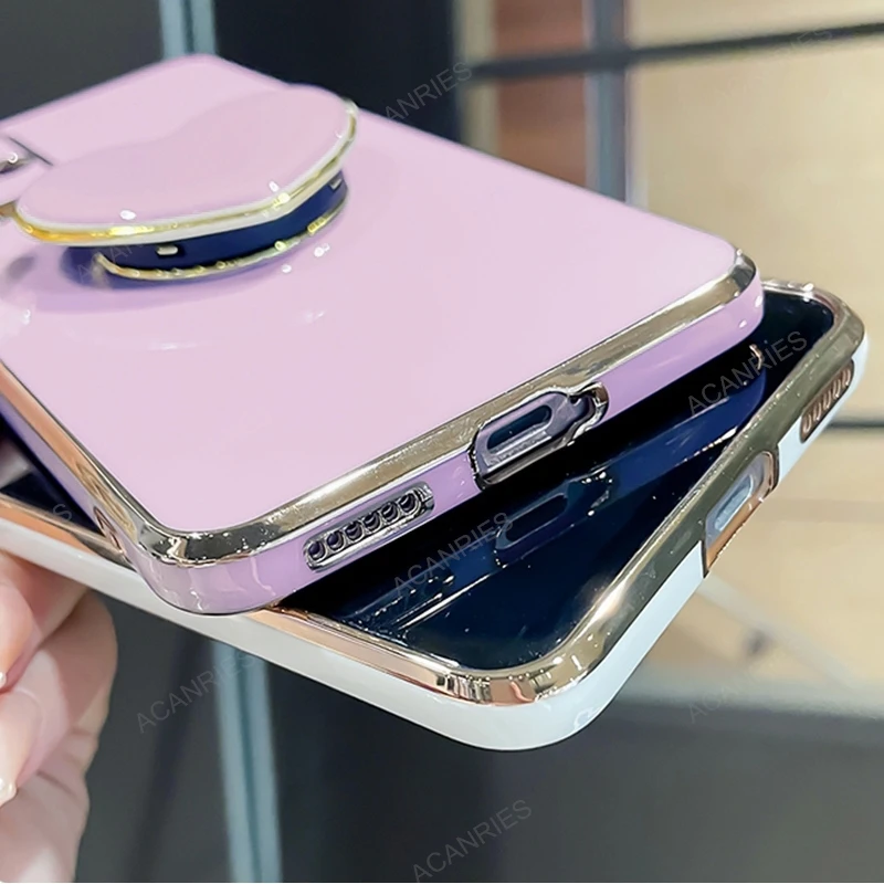 Luxury Love Heart Phone Holder Plating Case with Stand and Silicone Back Cover