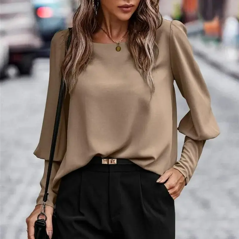 

Wedifor Long Lantern Sleeve O Neck Casual Women Blouse And Tops Elegant Fashion Fall Button Clothes Solid Color Loose Shirts