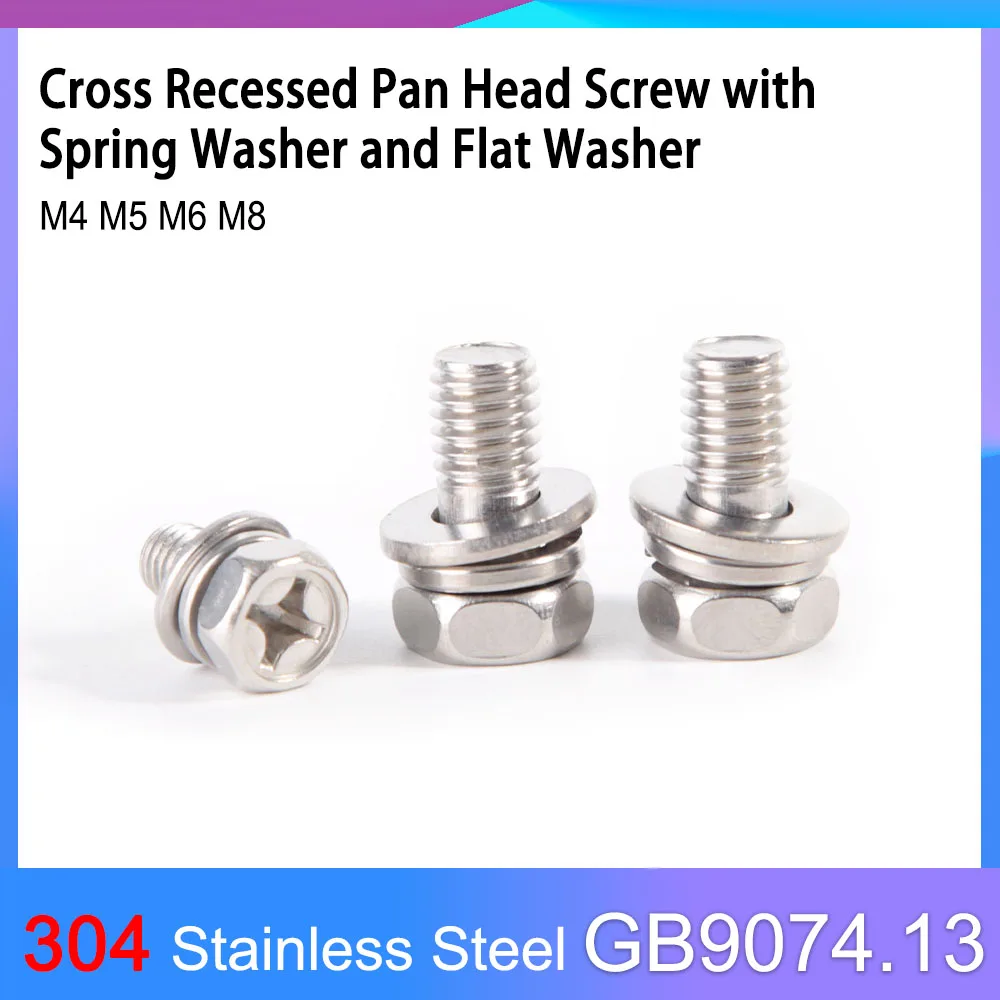 

GB9074.13 304 Stainless Steel Cross Recessed External Hexagon Head Screw Spring Washer Plain Gasket Assemble Bolt M4 M5 M6 M8