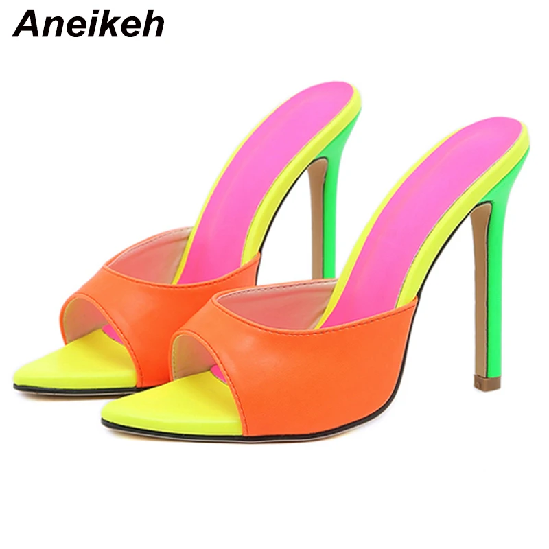 Aneikeh 2025 Orange Sandals Mules High Heels Pointed Toe Heels For Women Summer Slippers Lady Party Sandals Shoes Stripper 35-42