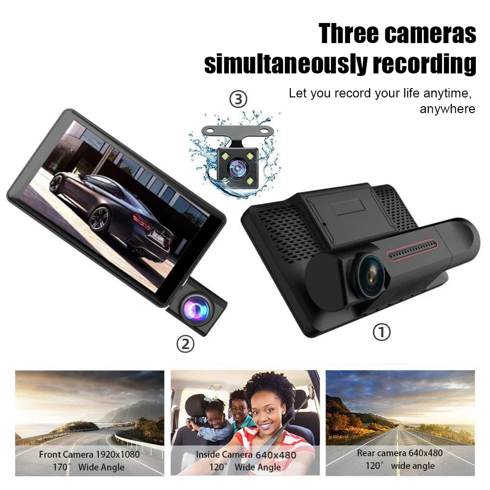 Car Dash Cam Video Recorder with 3 Cameras and 4 Inch Screen