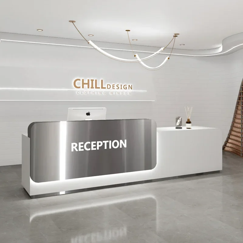 Metal Stainless Steel Office Checkout Counter Hotel Office Furniture Work Front Desk Reception Salon Reception Desk With Cabinet