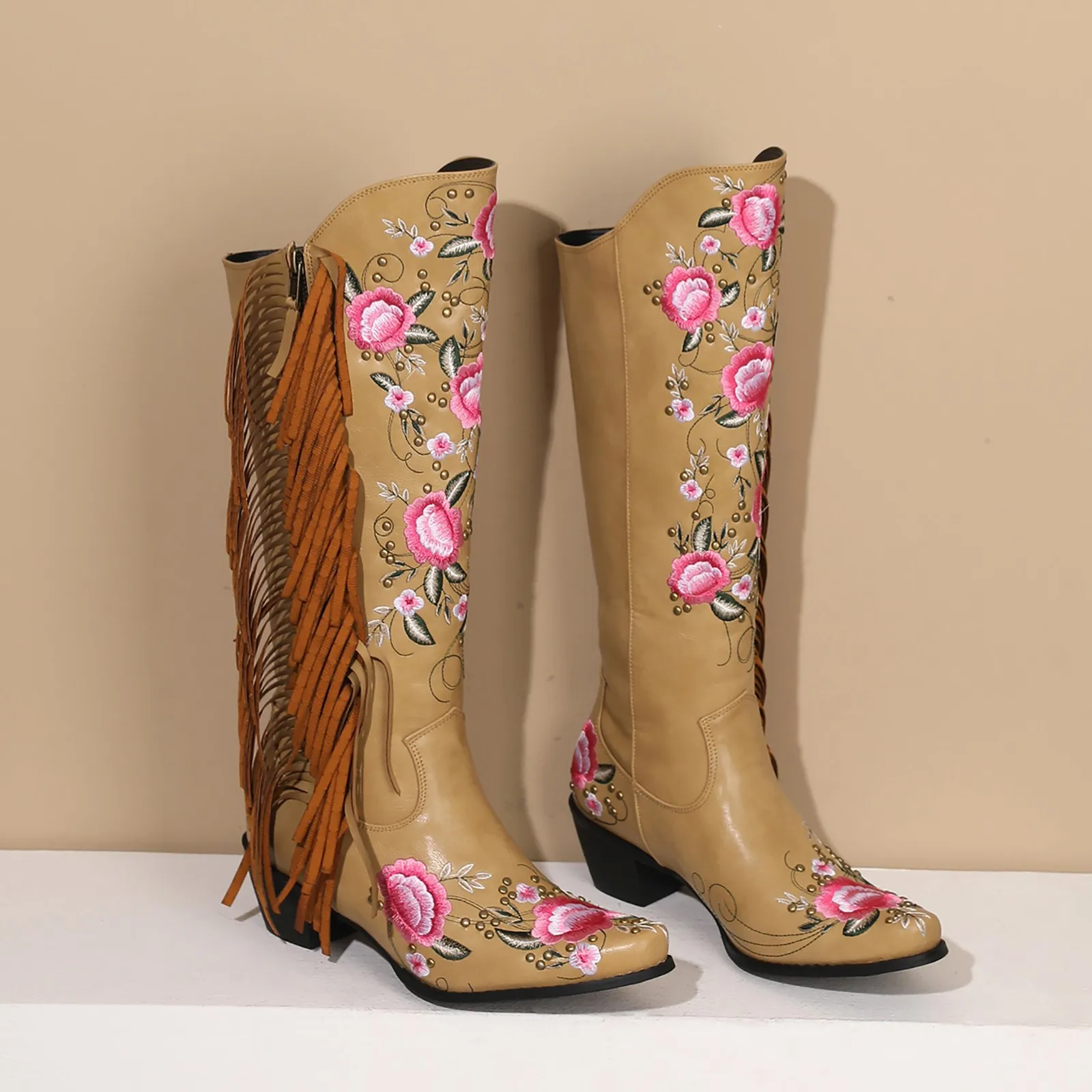 

Long Boots Women Autumn Fashion Embroidered Tassel Pointed Toe Chunky Heel Boots Female Winter Casual Shoes zapatos para mujeres