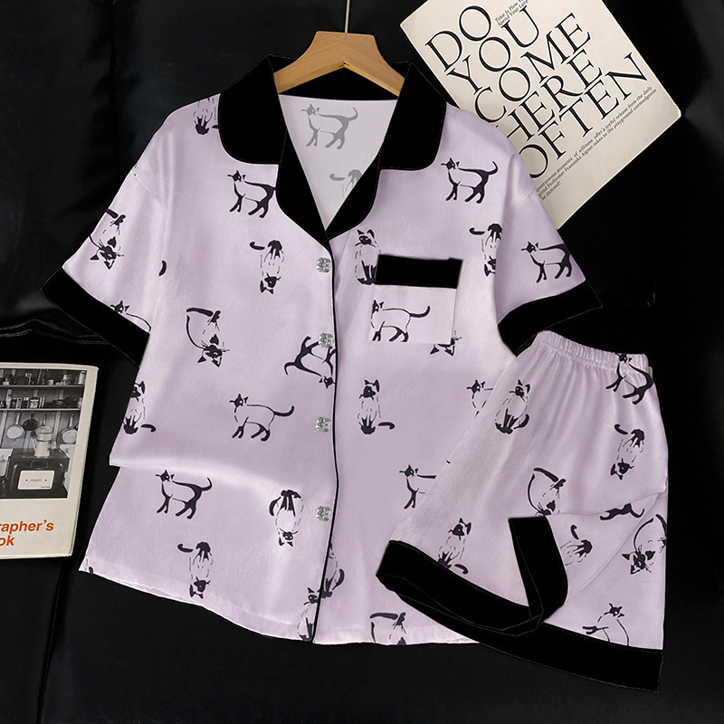 Ice Silk Pajamas Women's Summer New Advanced Sense of Black Kitten Short-Sleeved Thin Section Pajamas Homewear Sexy Girls Suit