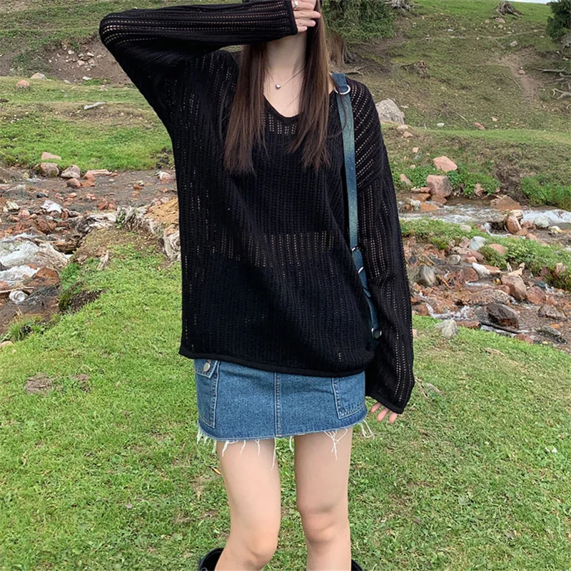 Women Black White Knitted Sweater Pullover