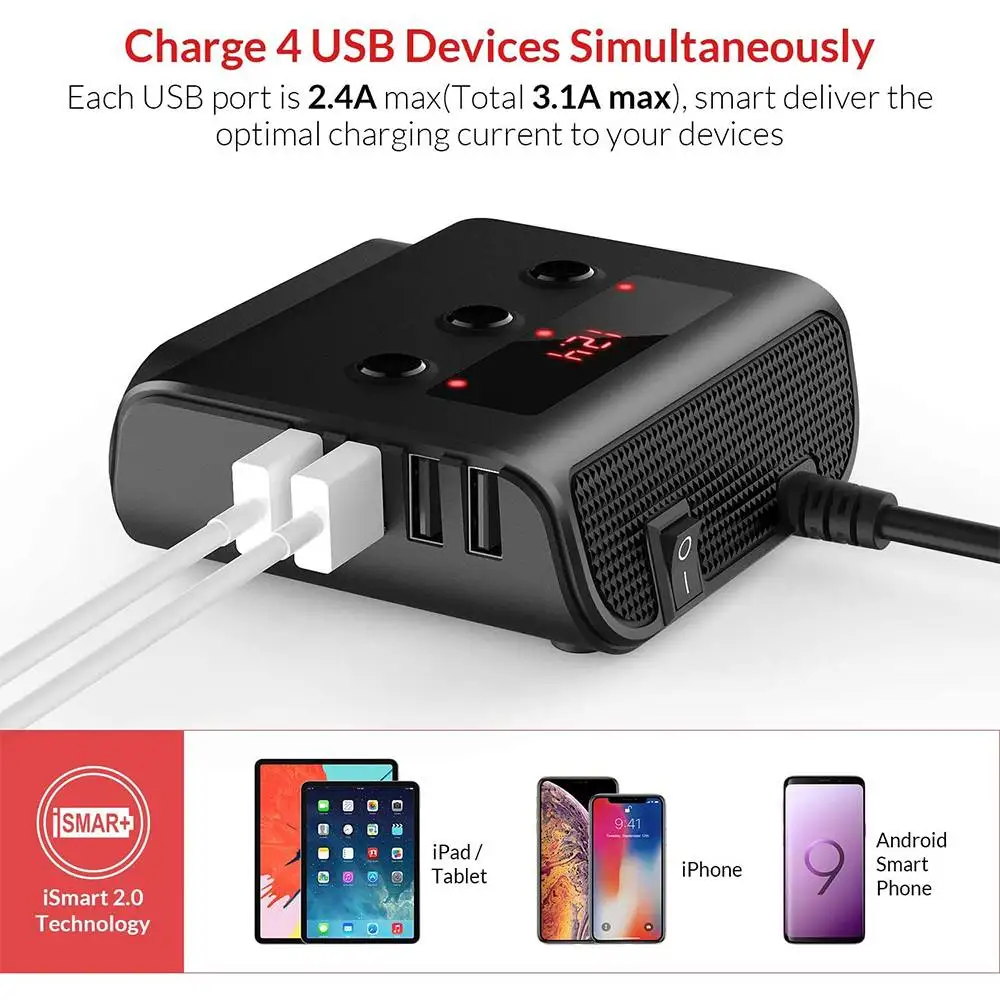 SLW004 100W 4 USB +3 Socket Car Charger Adapter QC3.0 Quick Charge with  ON/OFF Switch LED Voltage Display 12V/24V Bus Trucks SUV - AliExpress