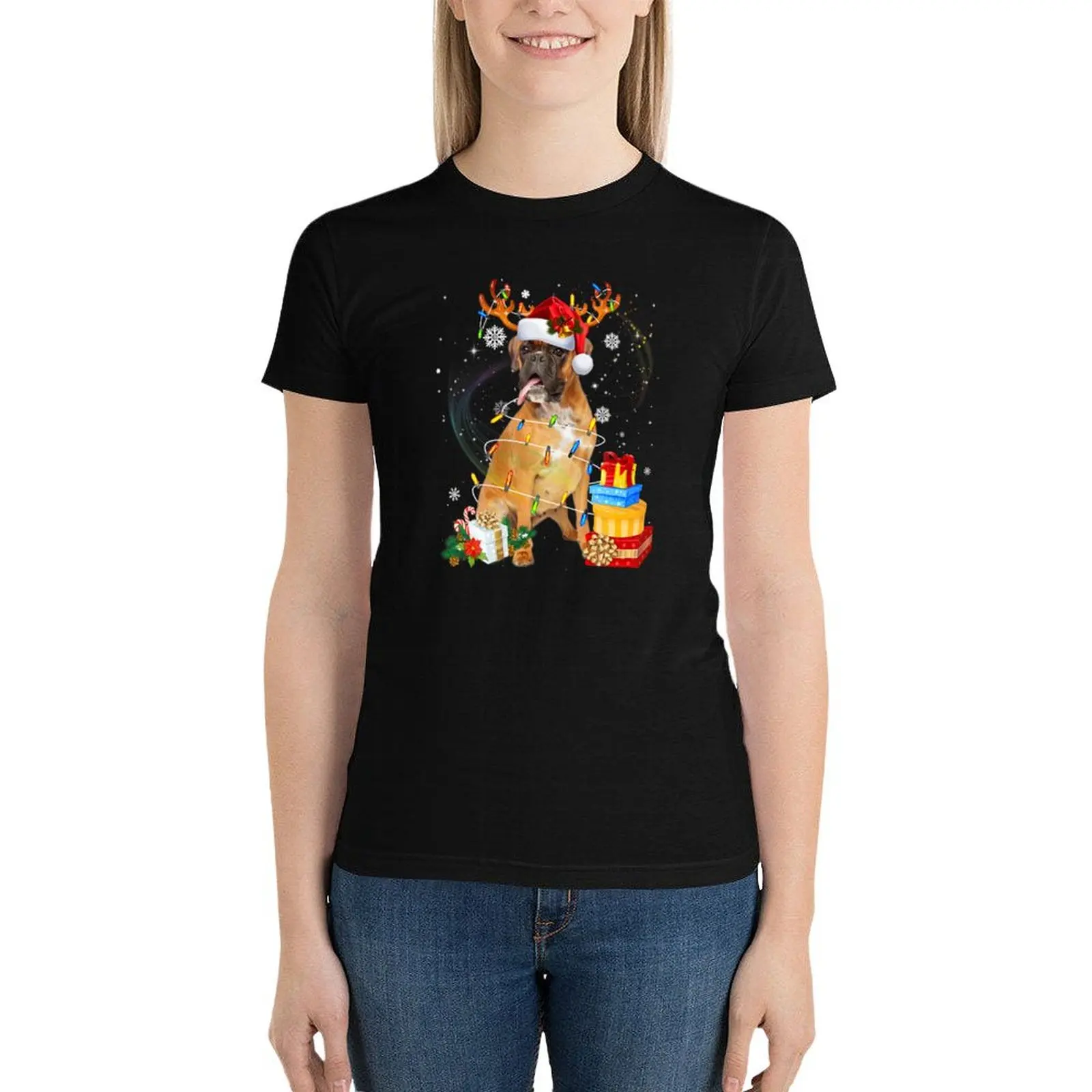 Christmas Lights Boxer Dog T-Shirt summer clothes plus size tops cute tops Aesthetic clothing tops Women
