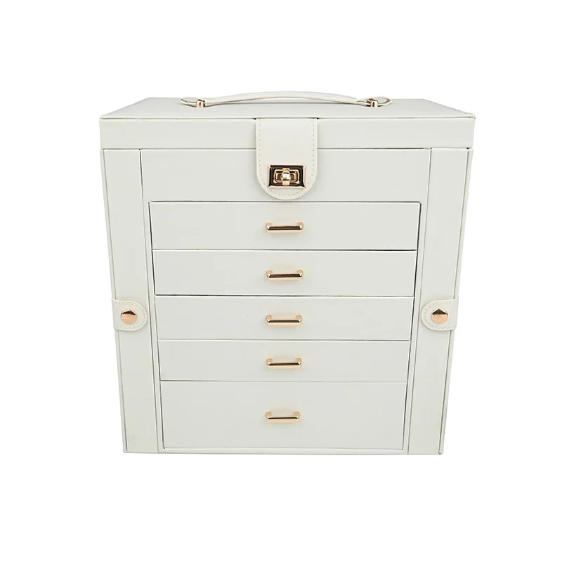 New Large Capacity 6 Layers Jewelry Box with Mirror Leather Earrings Rings Necklaces Jewelry Storage Box Organzers 5 Drawer Gift