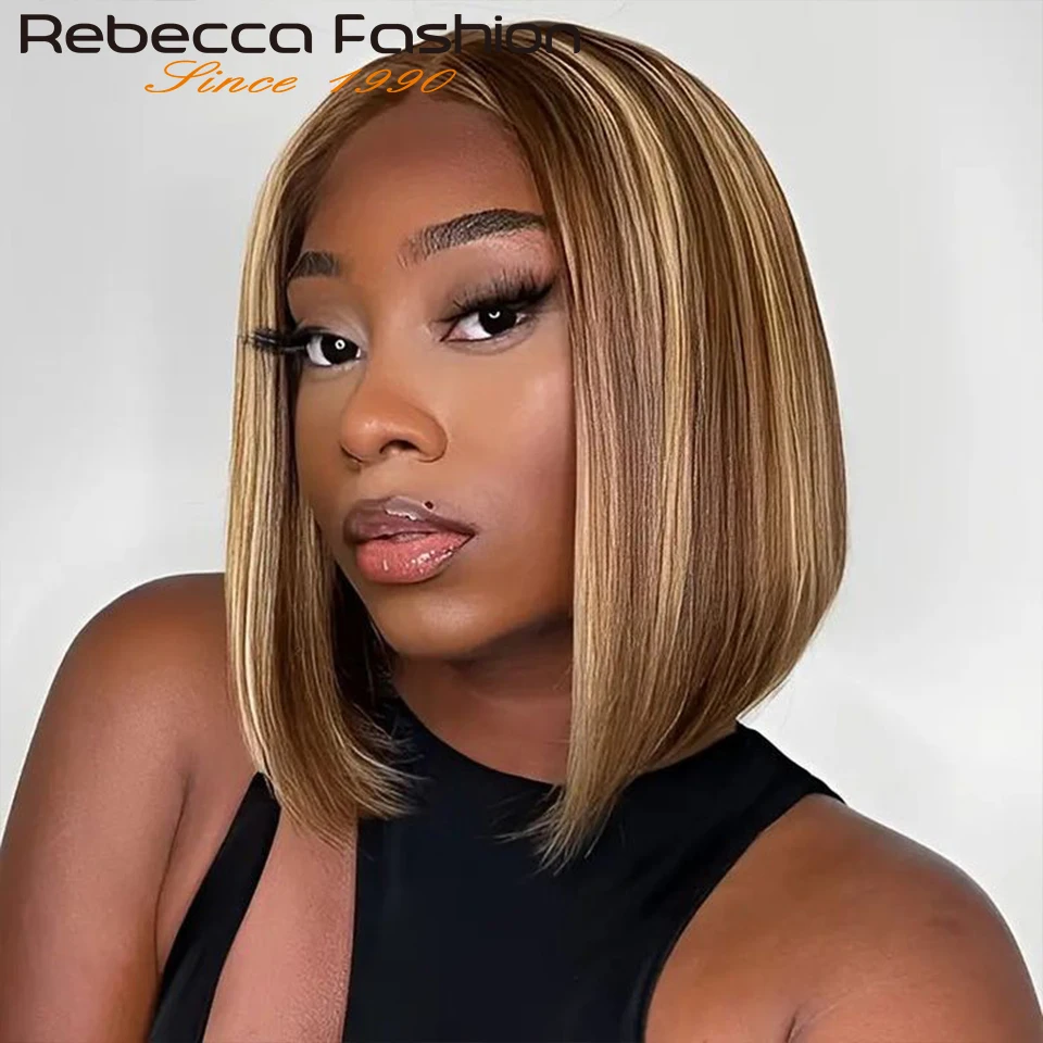 Rebecca Highlight 4/27 Bob Lace Wig Straight Human Hair Wigs Pre Plucked Transparent Glueless Brazilian Straight Lace Front Wigs