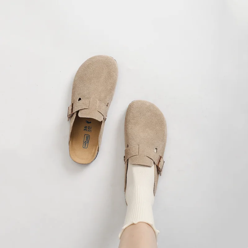Unisex Suede Wooden Slippers with Cork Insoles - Versatile Indoor/Outdoor Beachfront Villa Footwear