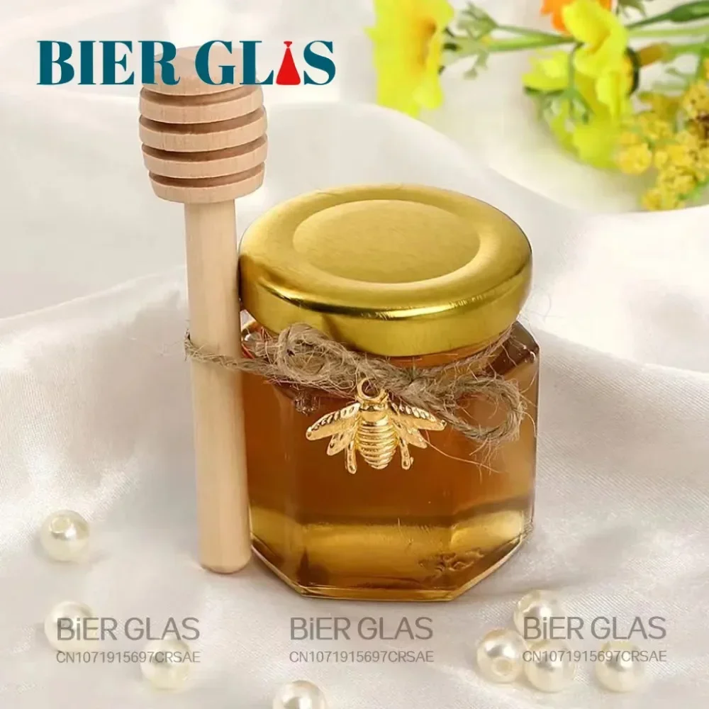 10Pc 15 Pcs 1.5oz Hexagon Mini Glass Honey Jar Wood Dipper Gold Lid Bee Pendant Small Containers Bottles for Jam Candies Pudding