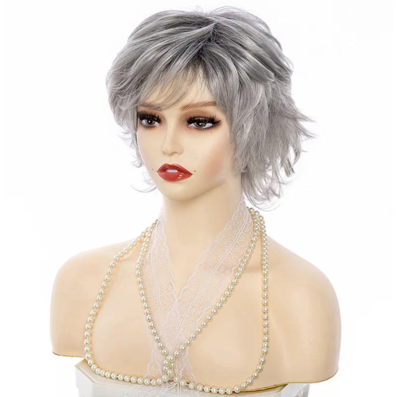 여성용 비스듬한 앞머리, 푹신하고 뒤집힌 가발, 그라데이션 회색 가발
