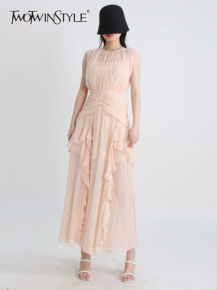 Solid Slimming Spliced Appliques Elegant Dresses for Women Srtapless Sleeveless Split Dress Femlae Fashion Clothing