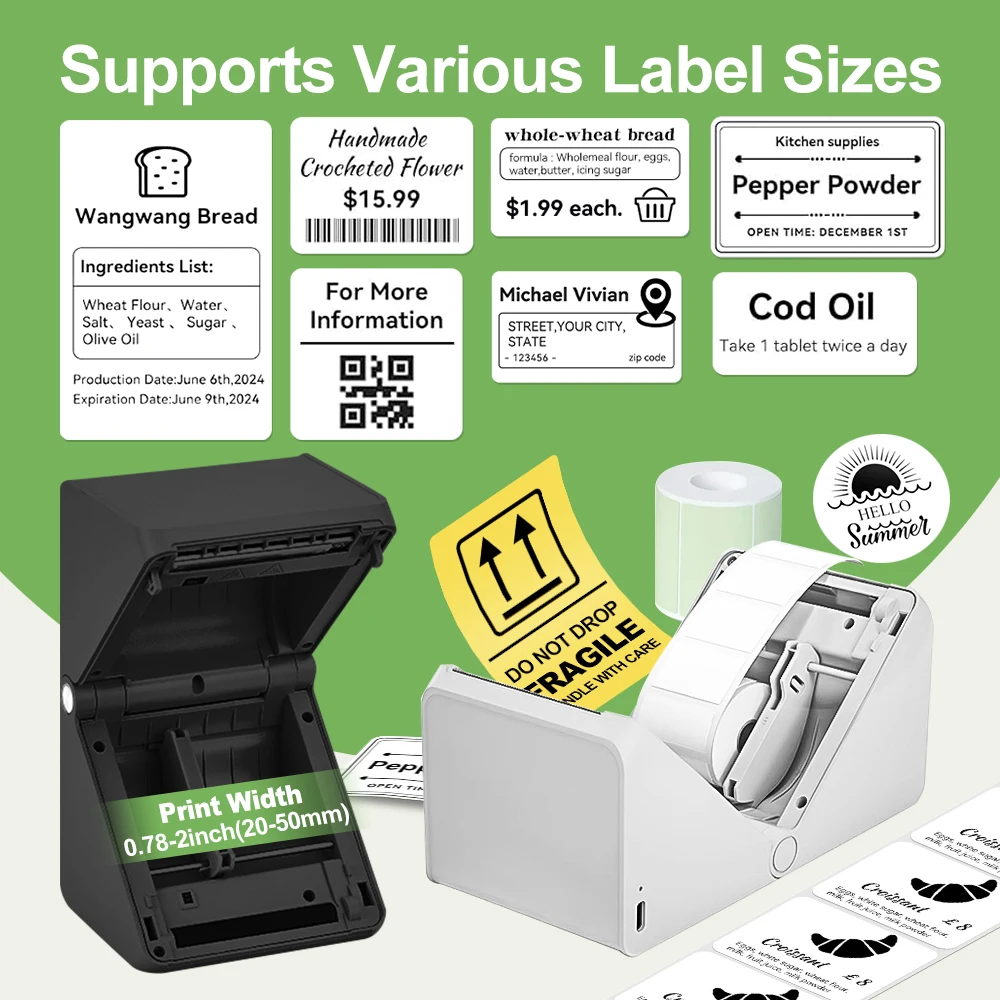 HPRT T260LR Portable Thermal Label Printer Adhesive Sticker T260 Mini Desktop Printer Bluetooth Barcode Maker 2inch 20-50mm