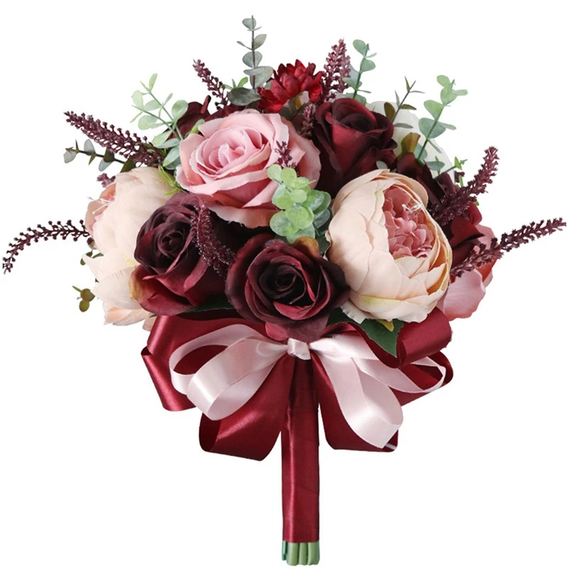 

Бордовый пыльный розовый букет роз-шампанское Румяна Цветущий пион с эвкалиптом настоящие идеальные Свадебные цветы акция