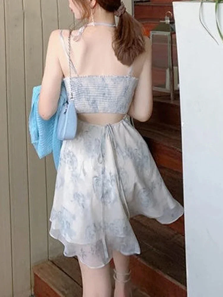 

New Women's Fashionable Temperament V-neck Floral Mini Dress French Sweet Waist Sexy Women Suspender Chiffon A-line Dresses