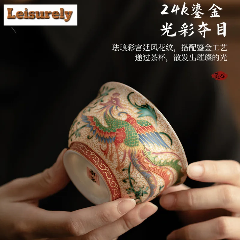 130ML Handmade Enamel Gilded Ceramic Teacup Dragon And Phoenix Host Cup Tea Paired Coffee Mug Beautiful Kung Fu Teaset Drinkware