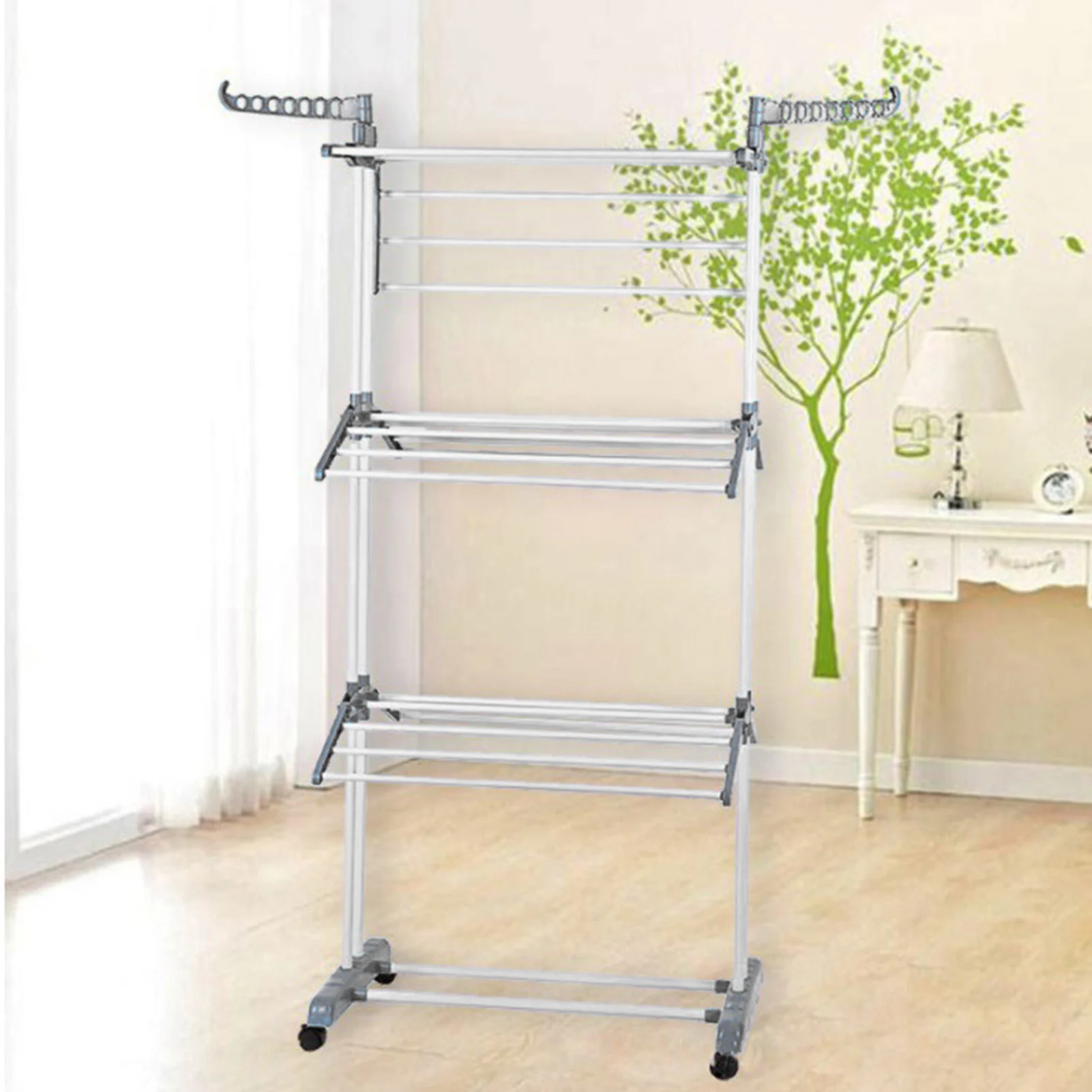 Modern 4 Tiers Metal Clothes Drying Rack Rectangular Folding Rolling Dryer Hanger Free Stand Laundry Organizer Gray For Home