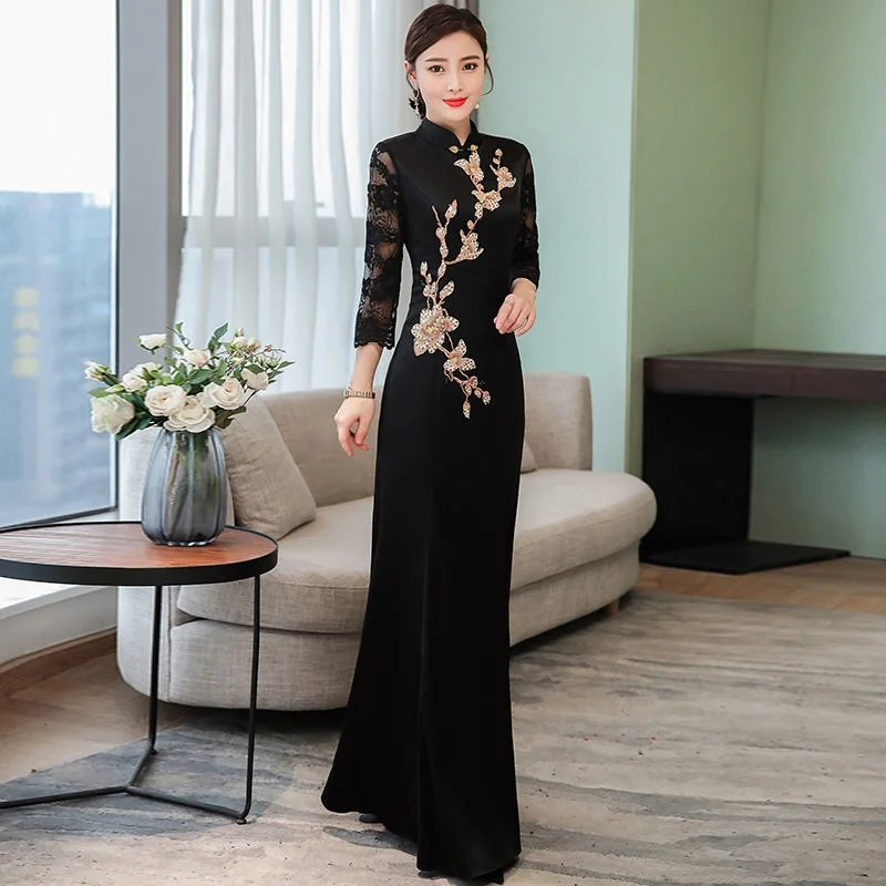 

Black Slim Vintage Long Qipao Hanfu Women Ao Dai Dress Chinese Traditional Dress Cheongsam Robe Oriental Dress Vestidos 12944