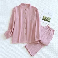 2026 Japanese style new couple sleepwear set 100% cotton crepe fabric long sleeved long pants two-piece home wear pajama - Image 3