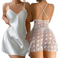 Robe de nuit en satin avec dos en tulle transparent, pyjama sexy pour femme, imprimé cœurs, vêtements de nuit romantiques pour femme, robe de nuit en maille pour l'été 1
