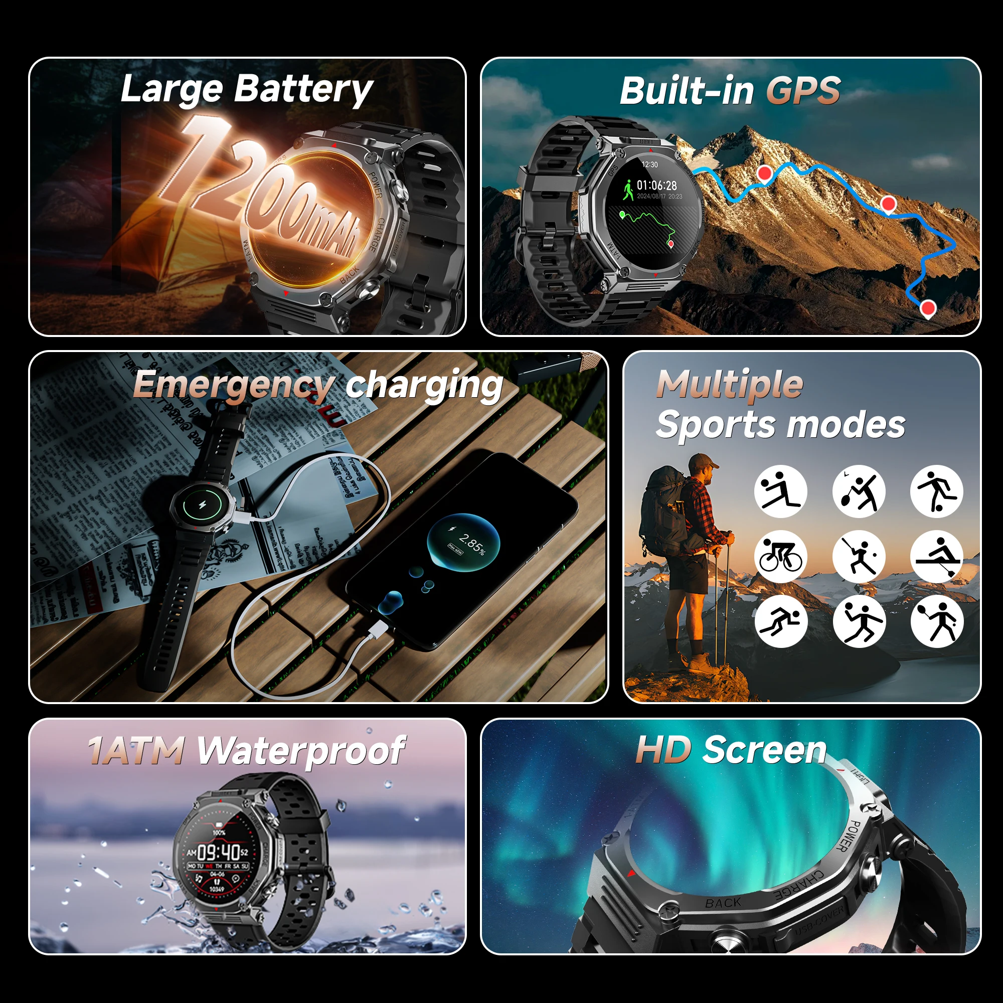 NEW Military GPS Smartwatch Android/IOS with 1.39''Screen 1200mAh Big Battery Bluetooth LED Light Wireless Call for Camping Man 2