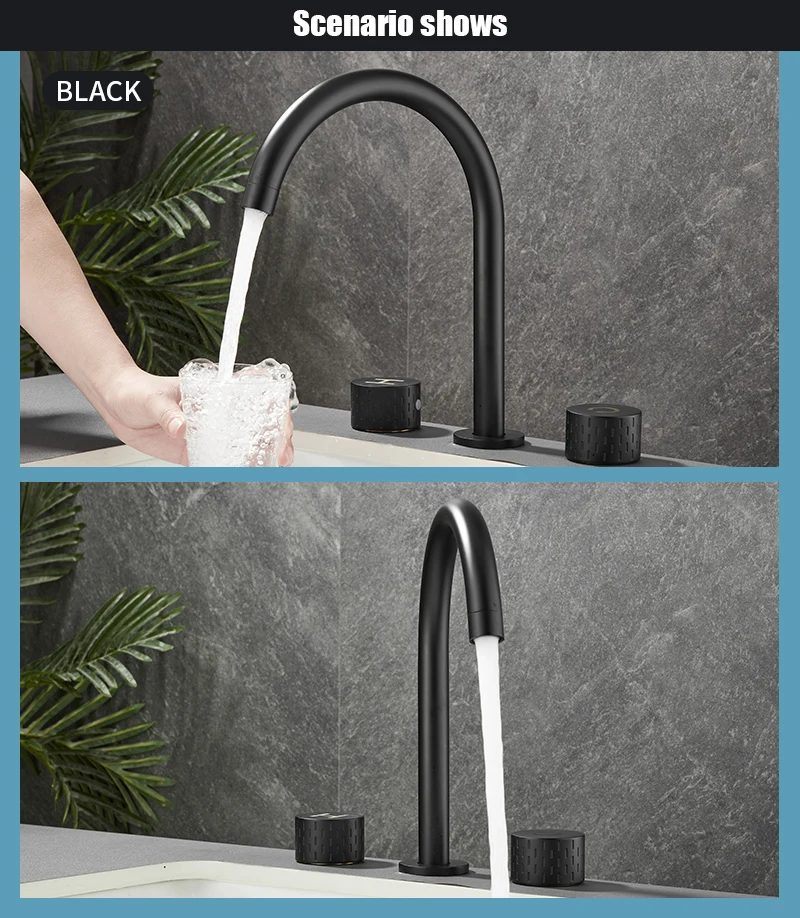 Description Picture 2 of itemBathroom Basin Faucets Deck Mounted Double Handle Faucet Black Basin Mixer Hot Cold Shower Room Sink Faucet 3 Hole Tub Tap