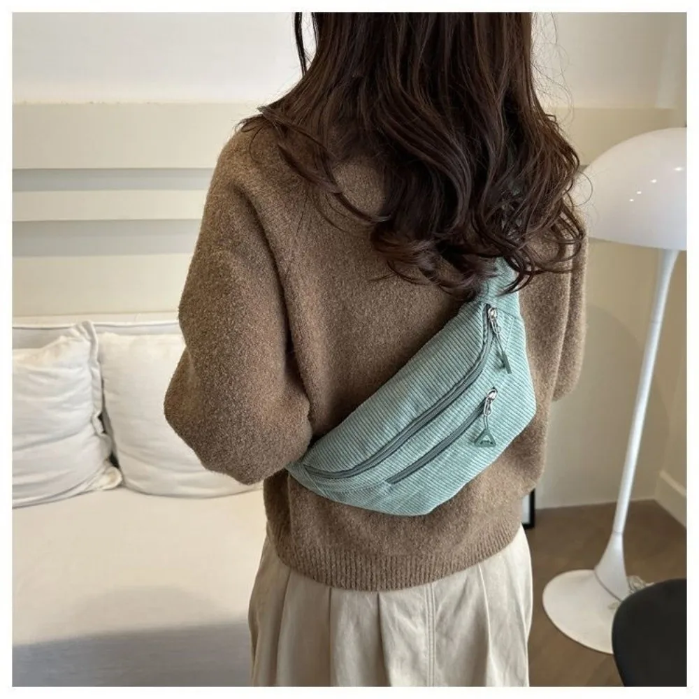 Modische Große Hüfttasche aus Braunem Cord, Diebstahlsichere Brusttasche, Umhängetasche für Damen – Detail 12