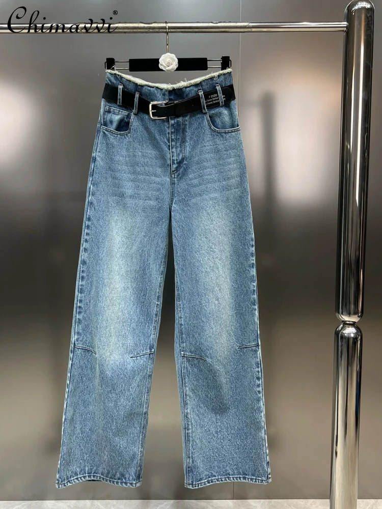 korean-style-high-waist-pocket-women's-jeans-spring-autumn-fashion-all-match-belt-slim-fit-solid-color-long-straight-jeans