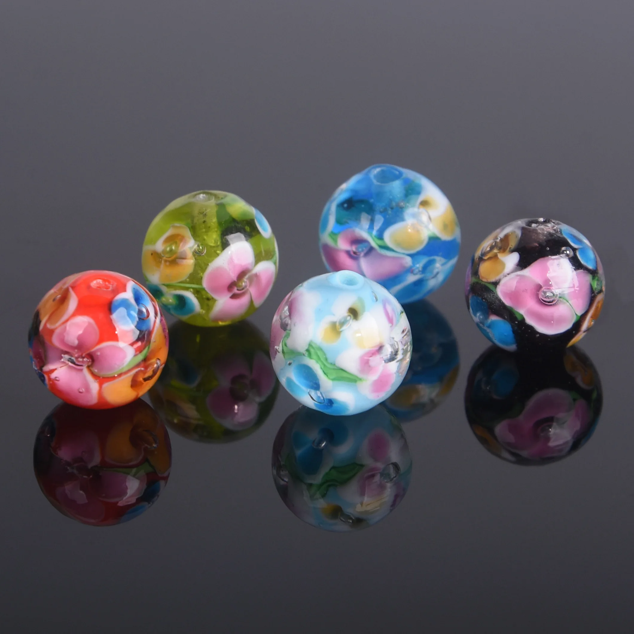 5pcs Round 12mm Handmade Flower Pattern Lampwork Glass Loose Beads For Jewelry Making DIY Bracelet Findings